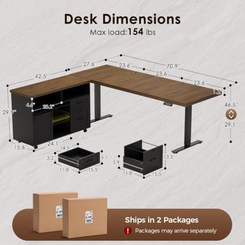 OffiGo 71 Inch Executive L-Shaped Electric Standing Desk, Walnut & Black