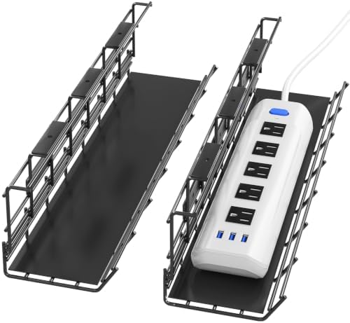 2 Pack DELAMU Under Desk Cable Management Tray, Metal Cord Cable Organizer for Desk, Easy Install Pre-drilled Wire Management Wire Organizer for Office & Home