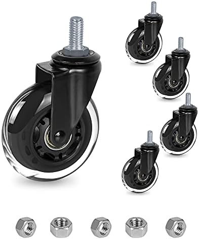 8T8 3 Inch Office Chair Caster Wheels Heavy Duty, Set of 5, 3/8"-16x1 (Not Metric M10), Threaded Stem Casters with Nuts, Replacement PU Rubber Wheels, Safe for Hardwood Tile Floors