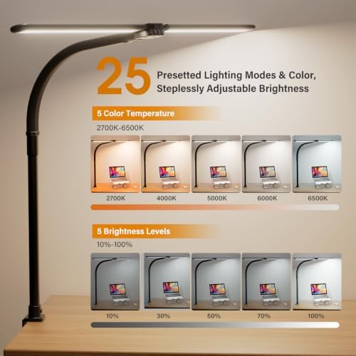 SIBRILLE LED Desk Lamp for Home Office - Dimmable Computer Desk Light with Clamp, Modern Architect Task Lamp with Color Changing, Flexible Desktop Lamp with Gooseneck for Monitor, Double Head, Black