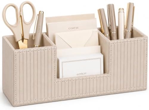 GORESE Pen Holder for Desk, Leather Small Desk Organizer for Office, Beige