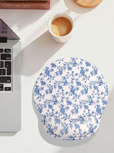 Seorsok Cute Sage Blue Floral Mouse Pad with Gel Wrist Support Mouse Pad,Ergonomic Aesthetic,Comfort Mousepad for Office Work Computer,Pain Relief Mousepad with Non-Slip Silicone Base,Blooming Flower