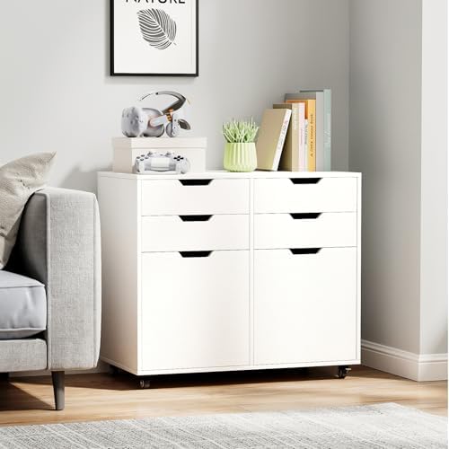GIANTEX 4-Drawer File Cabinet, Rolling Printer Stand with 2 Lockable Wheels, Wooden Lateral Filing Cabinet, Load 298 Lbs, Under Desk Craft Storage Organizer for Home Office Organization (White)