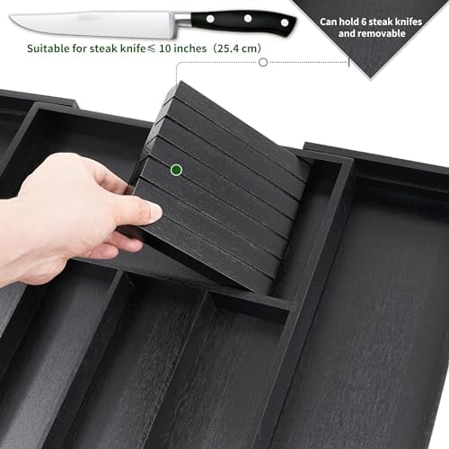 VaeFae Bamboo Silverware Drawer Organizer, 7 Slots, Black