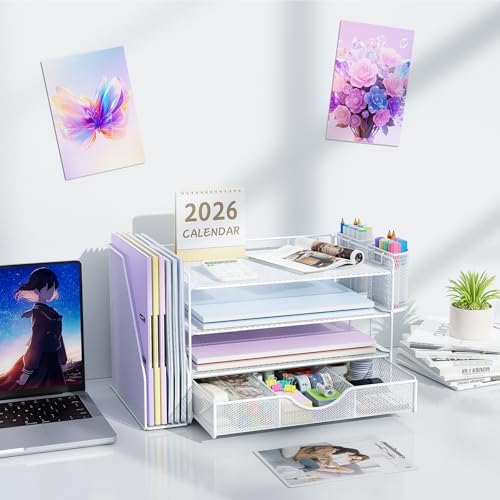 gianotter Desk Organizers and Accessories with File Holder, 4-Tier Desk Accessories & Workspace Organizers with Drawer and 2 Pen Holder, Paper Organizer for Office Supplies (White)