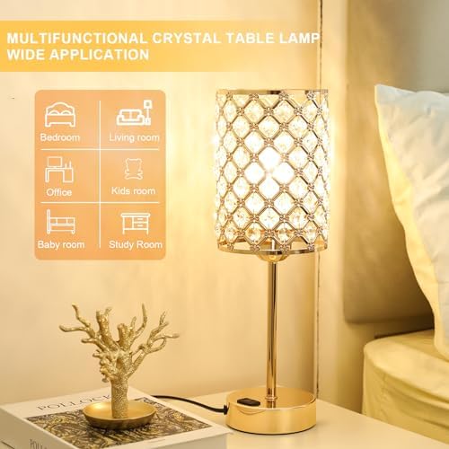 Hong-in Gold Lamps for Night Stands, Crystal Table Lamp with Touch Control