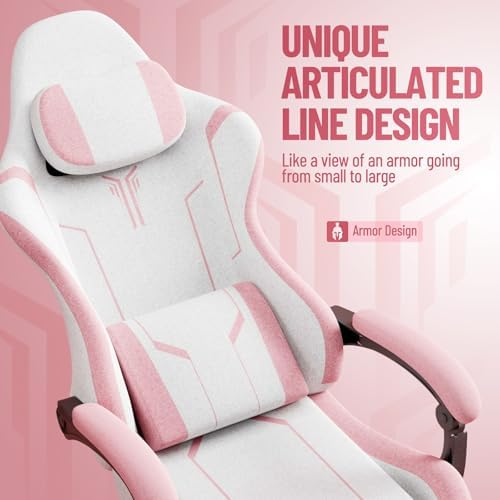 Ferghana Fabric Ergonomic Gaming Chair, High Back Computer Chair with Footrest and Linkage Armrest, Office Video Game Chair with Massage Lumbar Support for Adult, White/Pink