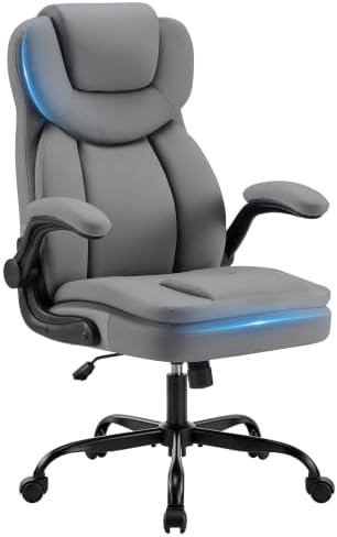 Ergonomic PU Leather Office Chair with Double-Layer Seat Cushion, Adjustable Armrest and Headrest, Reclining Backrest 360° Swivel Rolling Computer Desk Chair for Home Office Gaming Space, Gray