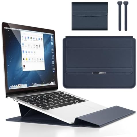 4 in 1 Ergonomic Workstation Set - Foldable Laptop Sleeve and Stand, Premium Leather Portable Computer Riser for 11-17 Inch Laptops, Waterproof Travel Organizer with Cooling Design (Blue,15-15.6")
