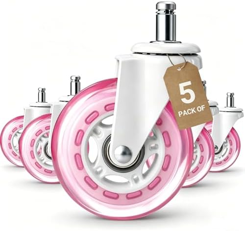 Pink Office Chair Caster Wheels Set of 5, 3 Inch Heavy-Duty Rubber Chair Casters Replacement, Computer Gaming Desk Caster Wheels Smooth Rolling for Hardwood Carpet Tile Floors, 11 * 22mm Universal fit