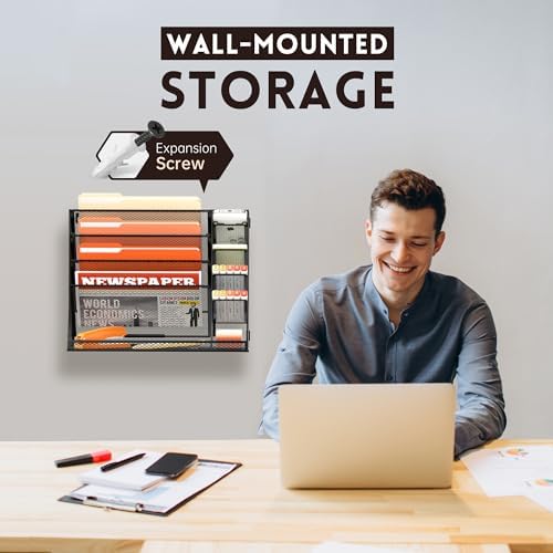 5-Tier Wall File Organizer with 4 Pen Holders and R-Shaped Tray, Black