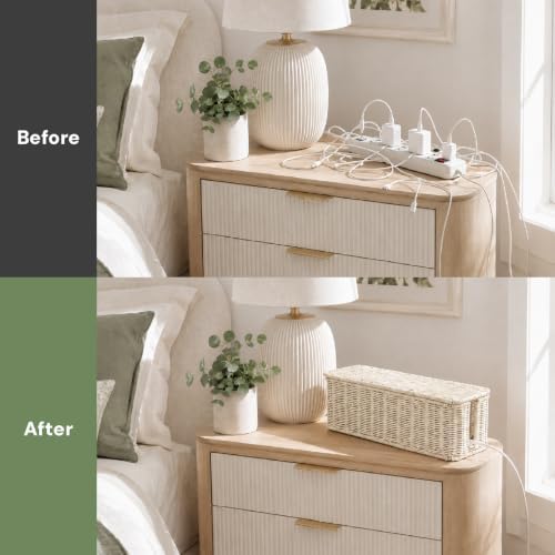 Cable Management Box, Handmade Rattan Cord Organizer for Power Strip