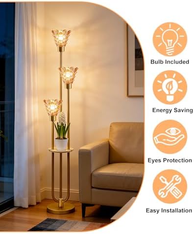 Lightdot Amber Glass Floor Lamp with Shelf Mid Century Modern Floor Lamps