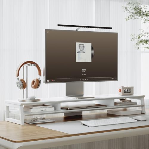 Dual Monitor Stand Riser for Desk, 41.7 Inch Large 2 Tier Computer Monitor Stand for 2 Monitors, Desktop Storage Organizer Shelf with Keyboard Space for Laptop PC Printer White