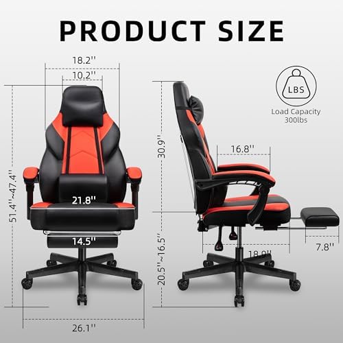 Gaming Chair with Footrest, Massage Lumbar Support, Height Adjustment, and 360° Swivel Seat, Ergonomic Design for Gaming