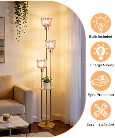 Lightdot Flower Glass Floor Lamp with Shelf Red Floral Gold Floor Lamps
