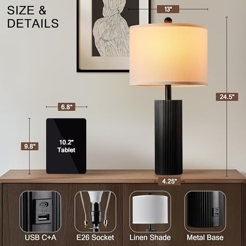 24.5” Table Lamps for Living Room Set of 2, Touch Control, Black