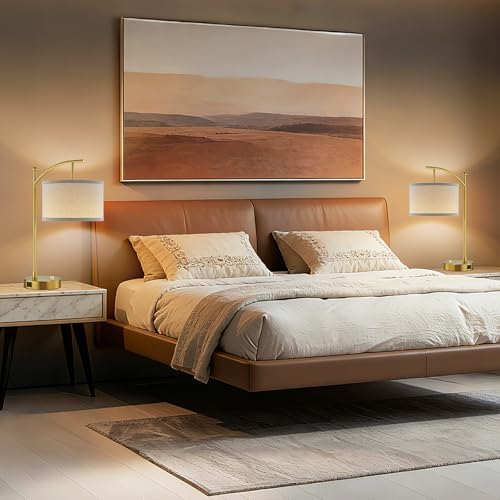 Table Lamp Set of 2, 23.5" Bedside Lamps with USB C+A Ports, Gold