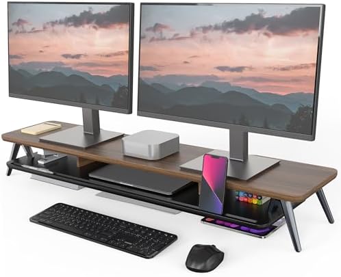 Fenge Dual Monitor Stand Riser, Wooden Desk Shelf with 2-Tier Storage