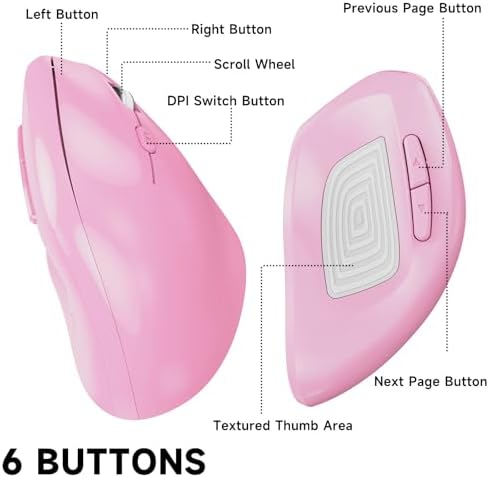 memzuoix Ergonomic Wireless Mouse, 2.4G Optical Cordless, 800/1200/1600 DPI, Vertical Computer Mouse for Laptop, Mac, PC, Desktop (Right Hand, Large) - Pink