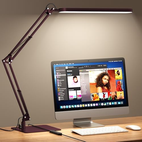 SKYLEO LED Desk Lamp with Slim Base - Adjustable Swing Arm Desk Light, Dimmable, Timer, Eye Protection, Memory Function, 1300LM, 12W, Red