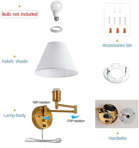 Swing Arm Wall Sconces, Plug-in Wall lamp,Bedroom Wall lamp ， White Fabric Shade，，with dimmable Switch and USB Charging Port, Suitable for Bedside, Living Room, Reading (Golden)