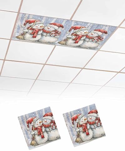 Christmas Magnetic Fluorescent Light Covers for Ceiling Lights 2 x 4 Feet,Snowman Forest Snowy Tree Snowflakes Blue Office Classroom Kitchen Drop Ceiling Light Covers Filters Shade Panel 2 Packs