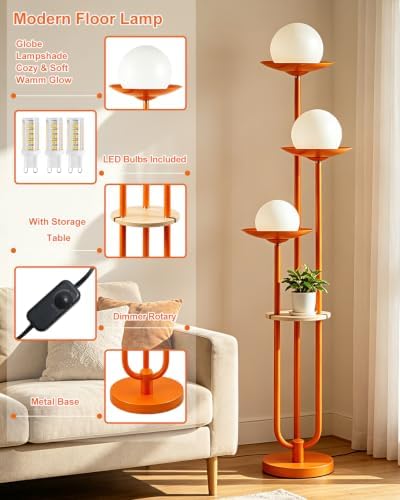 63IN Globe Floor Lamp with Shelf 3-Lights Modern Dimmable Orange Floor Lamps with 3000K Soft Warm White Bulbs for Wedding/Party, Tall Standing Lamp with 5Lbs Heavy Base for Living Room/Bedroom