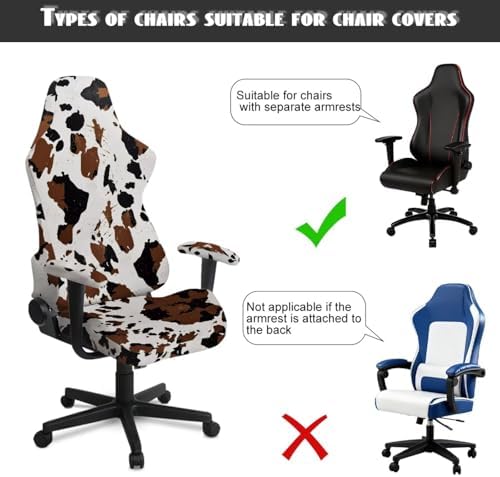 Cow Print Gaming Chair Cover with Armrest Cover 4 pcs Set Zippered Stretchable Slipcover Cat Proof Scratch Resistant Wastern Universal Rotating Desk Chair Protector