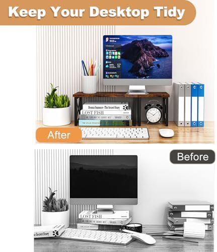 HavenlyYouth Desk Shelf, 2 Tier Wood Desktop Bookshelf, Adjustable Freestanding Stackable Desk Organizer, Desktop Shelf Organizer Storage Rack, Desk Display Rack for Office, Home, Rustic