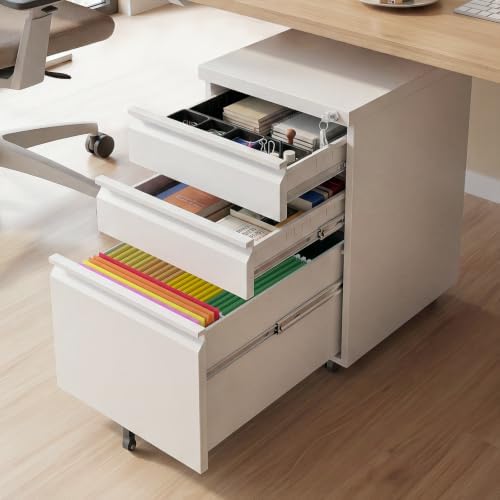 3 Drawer White File Cabinet with Lock, Rolling Under Desk Cabinet