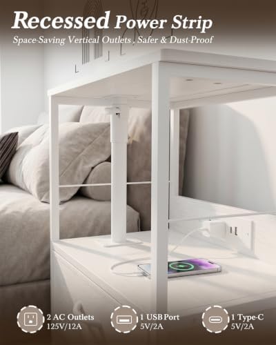 Faesun Night Stand with Charging Station & Swivel Top, White