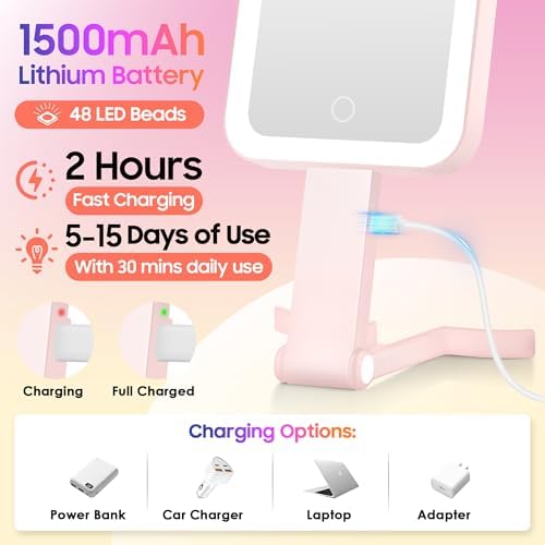 GOMIPURU Magnifying Travel Mirror with Light, 30X/1X Double-Sided Magnifying Mirror with 3 Color Lights, Brightness Adjustable, Foldable Handheld Makeup Mirrors Portable for Travel and Desktop, Rosy