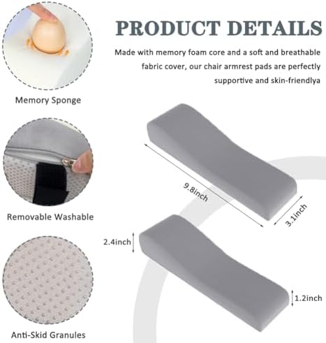 2 Pack Office Chair Armrest Pads Covers,Arm Rest Pad with Memory Foam Elbow Pillow for Forearm Pressure Relief, Arm Rest Covers for Office Chairs, Wheelchair, Comfy Gaming Chair (Grey)