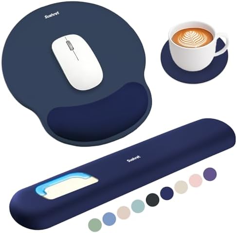 Sushret Mouse Pad and Keyboard Wrist Rest, 3-in-1 Gel Memory Foam Ergonomic Mouse Pad with Wrist Rest Set, Gaming Mousepad Arm Cushion Support for Computer Office Desk Accessories Cute Setup,Dark Blue