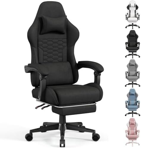 LUCKRACER Gaming Chair with Footrest and Pocket Spring Cushion, 90°-155° Reclining Ergonomic Computer Chair, 4" Height Adjustable, Lumbar Support, SGS Class 3 Gas Lift, Black
