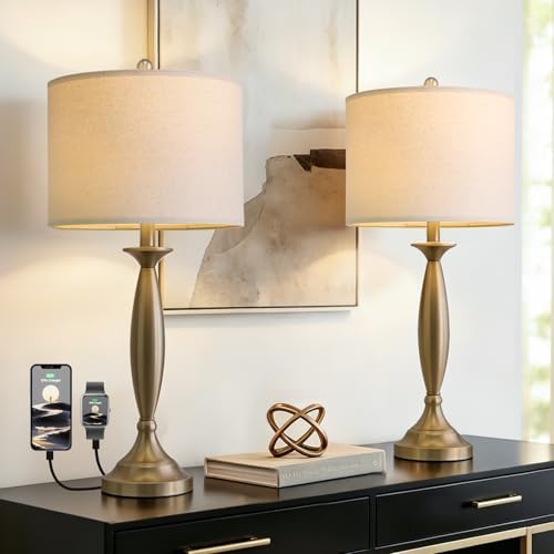 Oneach 28" Modern Table Lamps Set of 2 for Living Room Bedroom, USB A+C