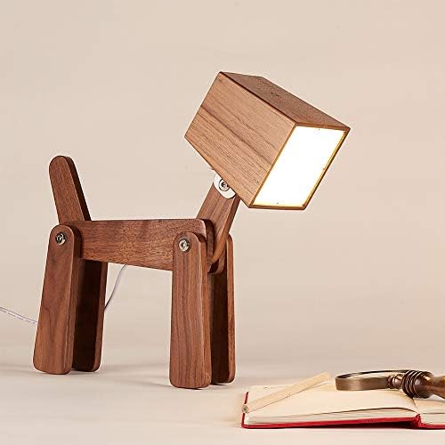 Super Cute Wood Dog Table Lamp for Room Bedroom Bedside, Walnut