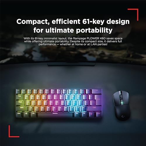 Rampage Plower K60 Mechanical Gaming Keyboard – 62 Keys, LED Backlit, Anti-Ghosting, 1.5M USB Wired, Compact 60% Layout, Windows & Mac Compatible, Black(Blue Switch)
