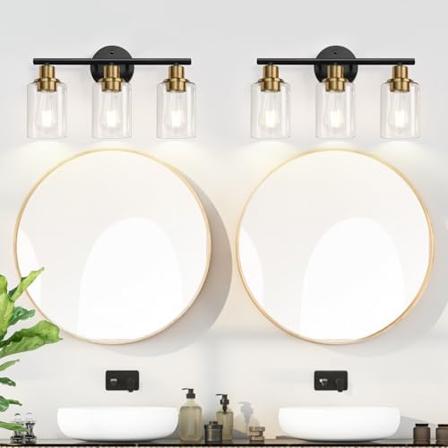 Zarbitta 3-Light Bathroom Light Fixtures, Black and Gold Bathroom Wall Lights, Modern Vanity Light with Clear Glass Shade, Bathroom Wall Lamp for Mirror Kitchen Bedroom Hallway Cabinet