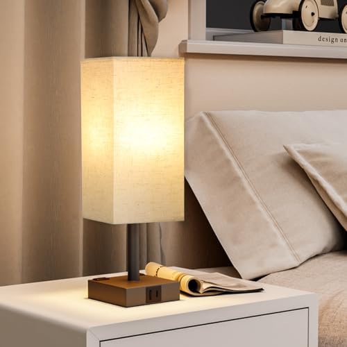 Beige Touch Table Lamp for Bedroom - Dimmable, USB C+A, 2 AC Outlets