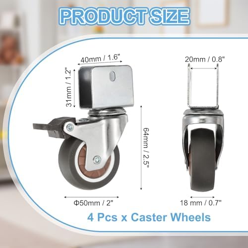 PATIKIL 2 Inch Caster Wheels, 4 Pcs Swivel Casters with Break 0.8" U Bracket Opening 55 Lb Capacity Per Caster for Furniture Office Chairs Carts and Cabinets, Brown