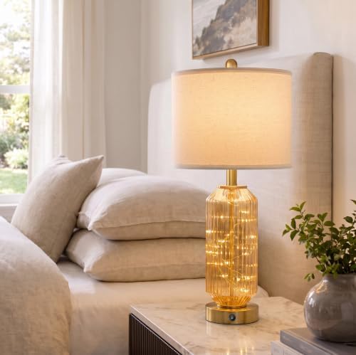 Oneach 24.5" Bedside Table Lamps Set of 2, Amber Glass Lamp with Nightlight