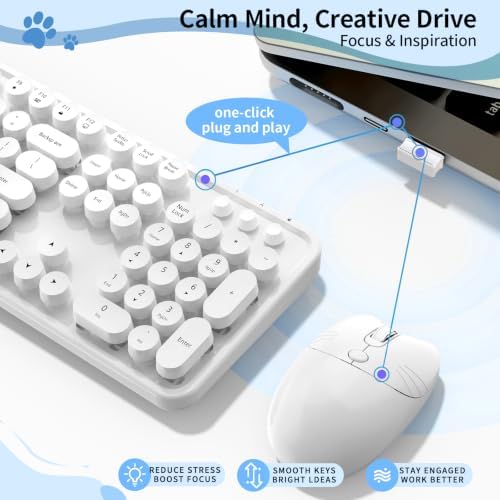 Wireless Keyboard Mouse, MOFII 104 Keys Cute Retro Typewriter White