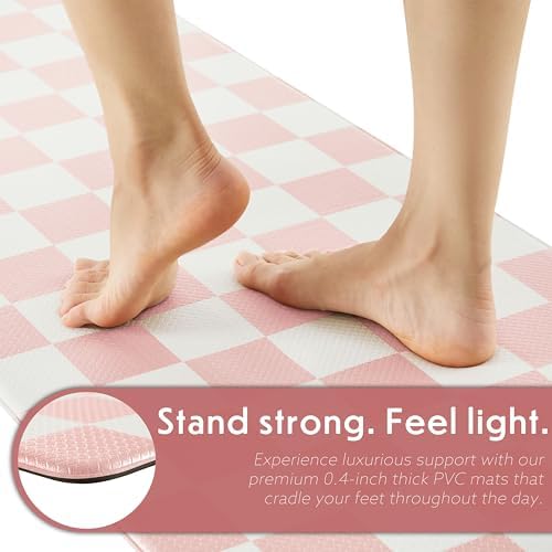 Ohocut Pink Checkered Kitchen Mats for Floor Set of 2, 2 Pcs Cushioned Non Slip Runner Rugs for Kitchen/Sink/Laundry, Comfort Aesthetic Cute Anti-Fatigue Foam Floor Mat 17.3"x29.5"+17.3"x47.2"