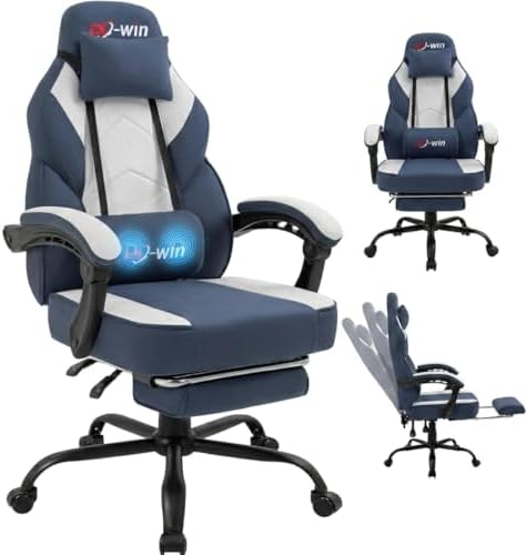 Shintenchi Big and Tall Gaming Chair Fabric Pocket Spring Cushion,High Back Recliner with Footrest and Headrest for Adults, Massage Lumbar Support for Home Office, Ergonomic Computer Desk Chair, Blue