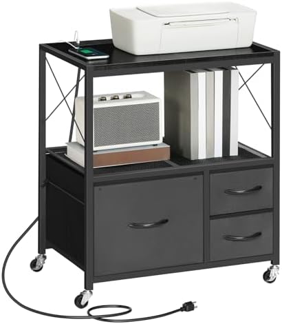 MAHANCRIS File Cabinet with Charging Station, 3 Drawer Lateral Filing Cabinet for Home Office, Mobile Printer Stand with Open Shelf, Fits A4/Letter Size File, Nonwovens Drawer, Black FCHB98E01