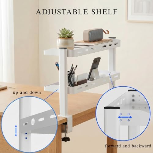 Clamp on Desk Shelf White, 2-Tier Office Desk Shelves Organizer, 17in Small Shelf for Top of Desk with Headphone Holder, Hooks, Desktop Storage Rack for Home Workspace, Study Rooms, Gaming Accessories