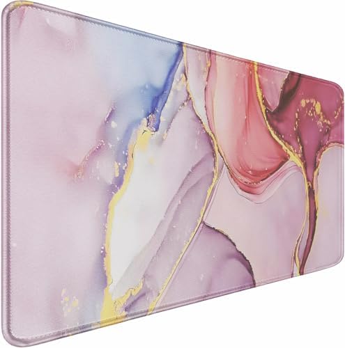 Extra Large Mouse Pad, Waterproof Mousepad with Stitched Edges, Marble Pink