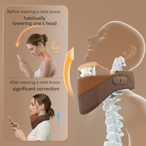 Yunari Cordless Neck Brace for Cervical Spine Posture Correction and Support, Patented Traction Device with Intelligent Adjust and Hot Compress, Neck Brace for Men and Women, （Brown, Medium）
